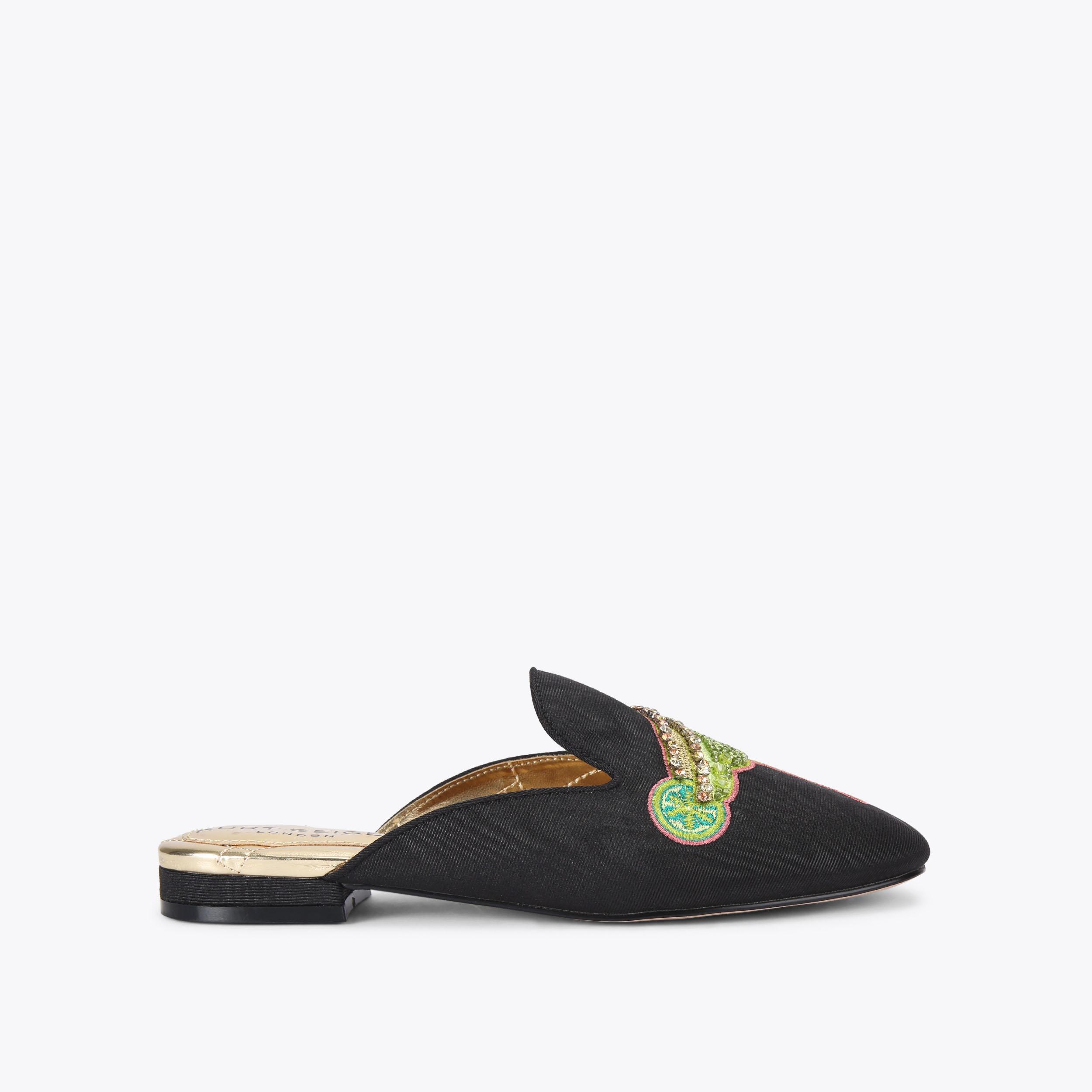 EMBROIDERED SLIPPER Black Embroidered Slip On Shoe by KURT GEIGER