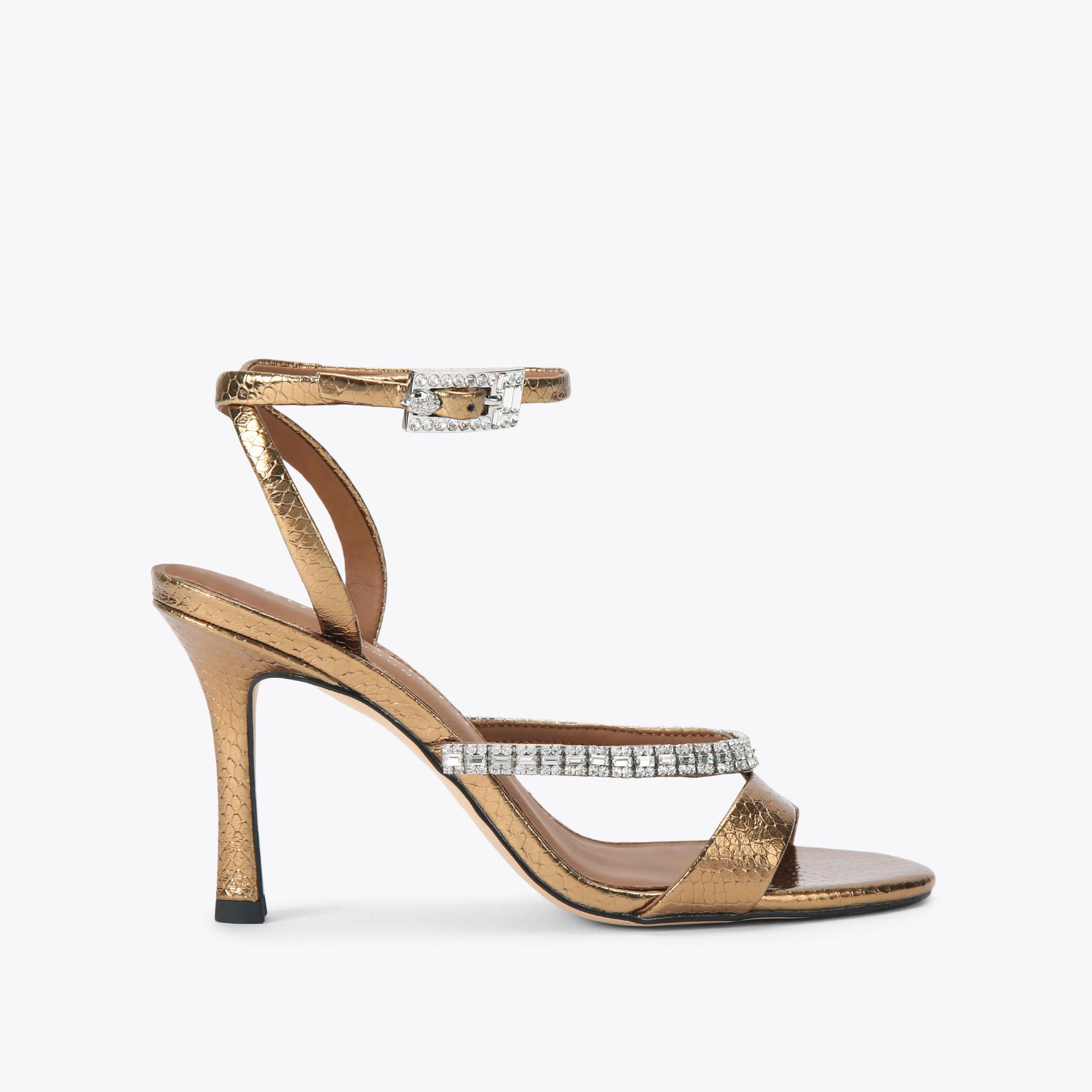 CRYSTAL STRAP SANDAL 90 Metallic Gold Leather Heel by Kurt Geiger