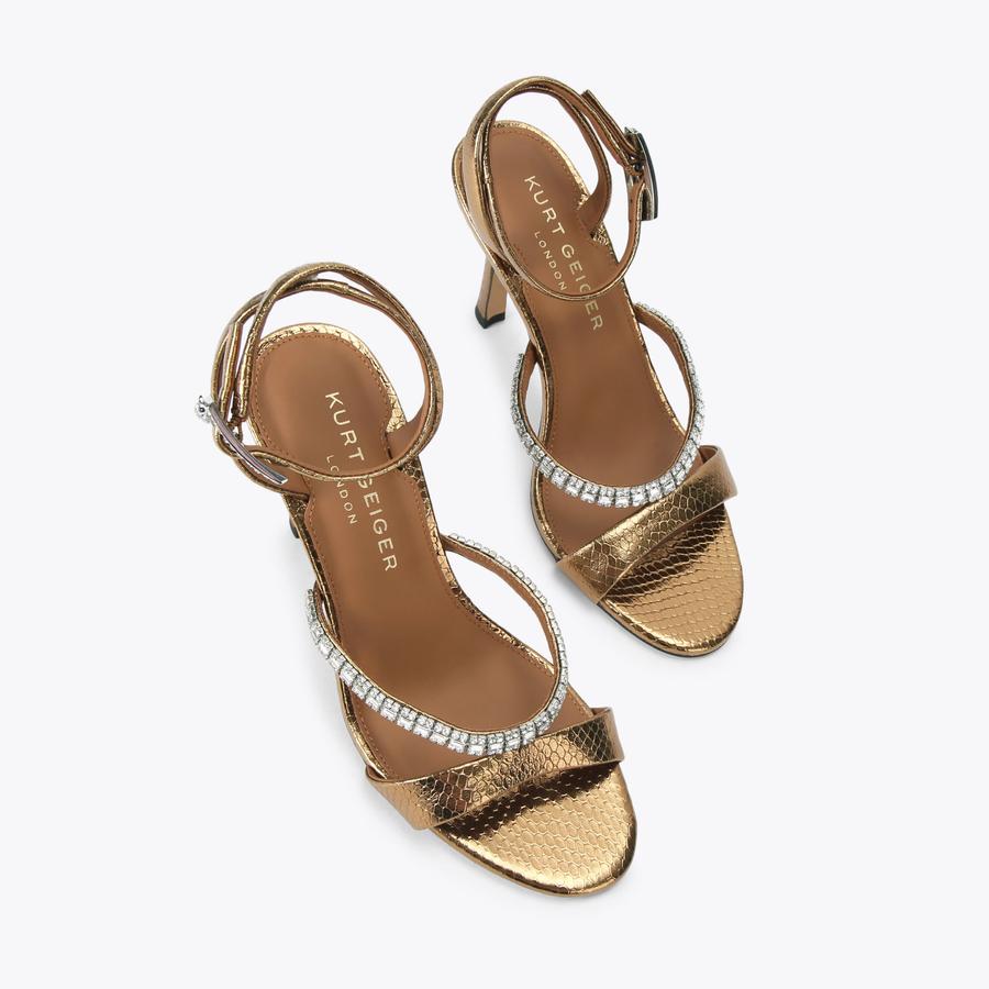 CRYSTAL STRAP SANDAL 90 Metallic Gold Leather Heel by Kurt Geiger