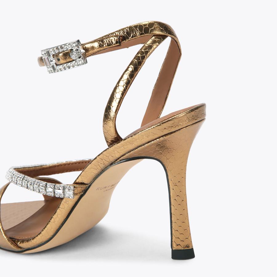 CRYSTAL STRAP SANDAL 90 Metallic Gold Leather Heel by Kurt Geiger