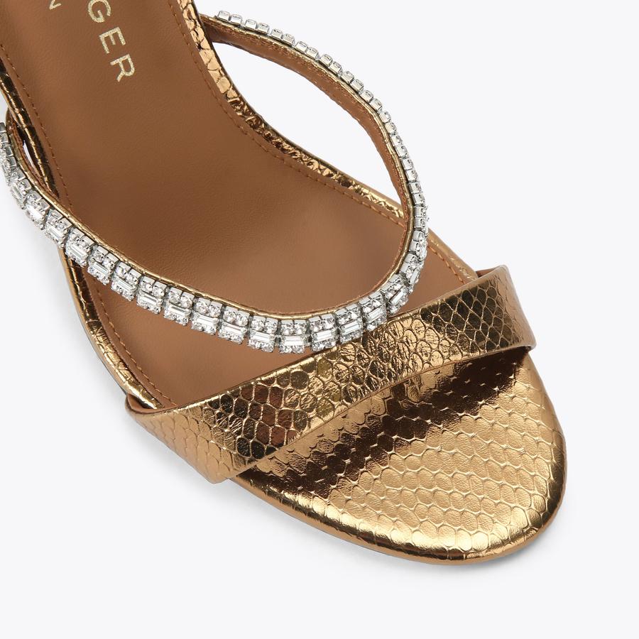 CRYSTAL STRAP SANDAL 90 Metallic Gold Leather Heel by Kurt Geiger