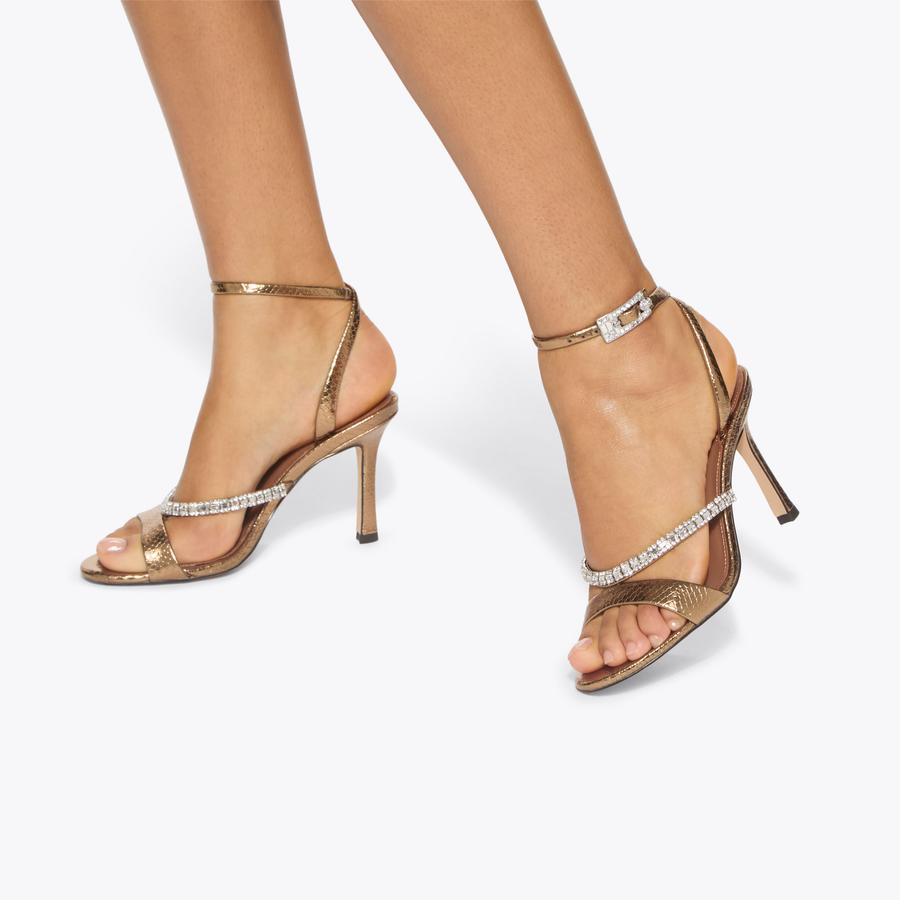 CRYSTAL STRAP SANDAL 90 Metallic Gold Leather Heel by Kurt Geiger