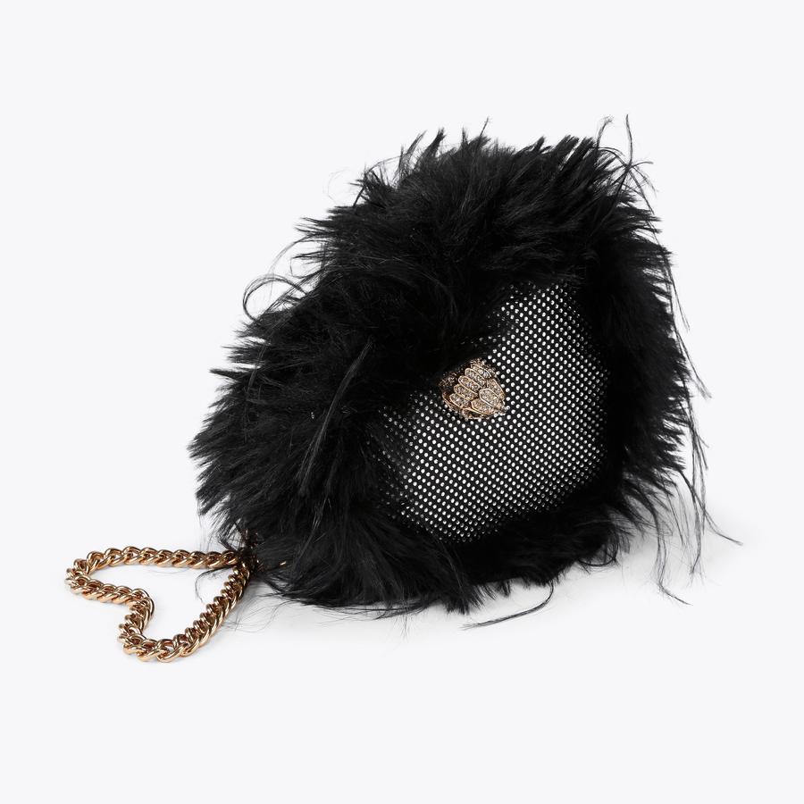 FABRIC KENSINGTON HEART X Black Faux Fur Heart Cross Body Bag by