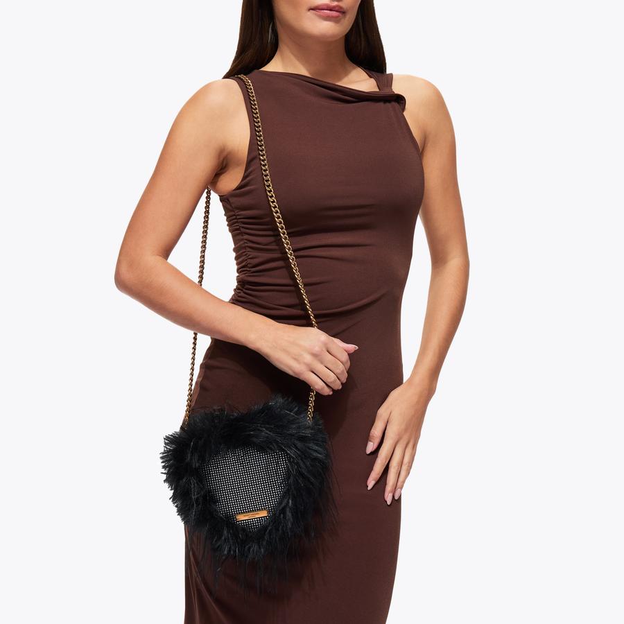 FABRIC KENSINGTON HEART X Black Faux Fur Heart Cross Body Bag by
