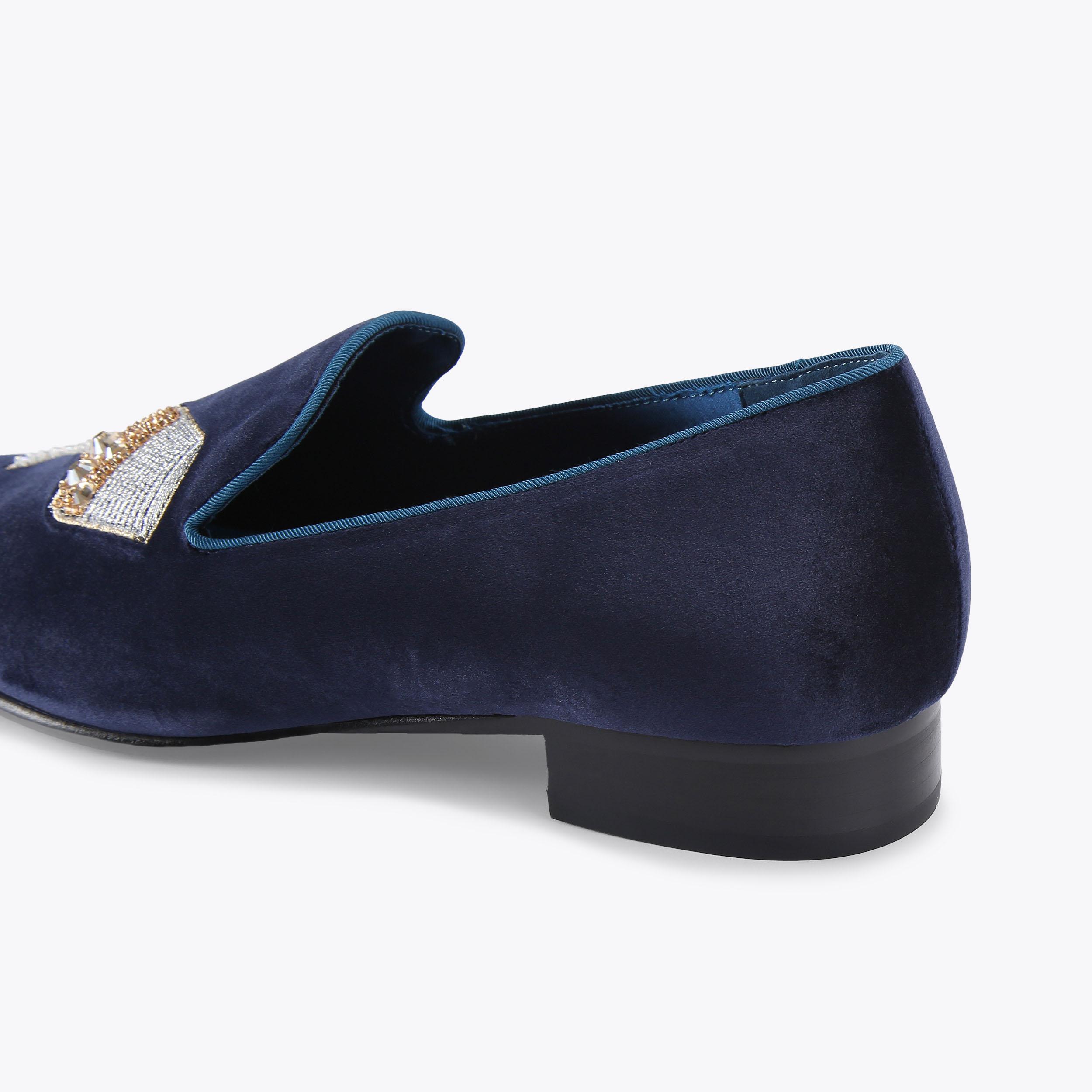 Sex and the City Navy Blue Velvet Loafers with Dark Crystal Embellished Buckles Midnight Blue Velvet Loafers main image 3