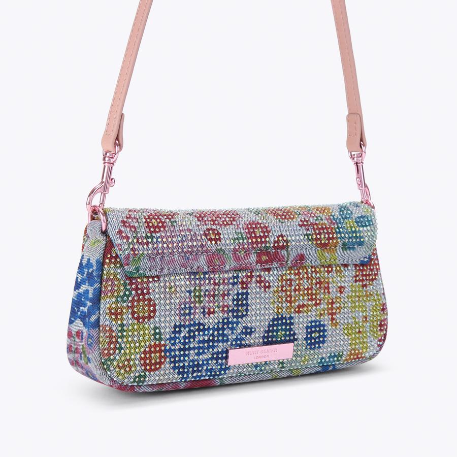 PICKLE SHOULDER BAG Blue Floral Denim Fabric Bag by Kurt Geiger London