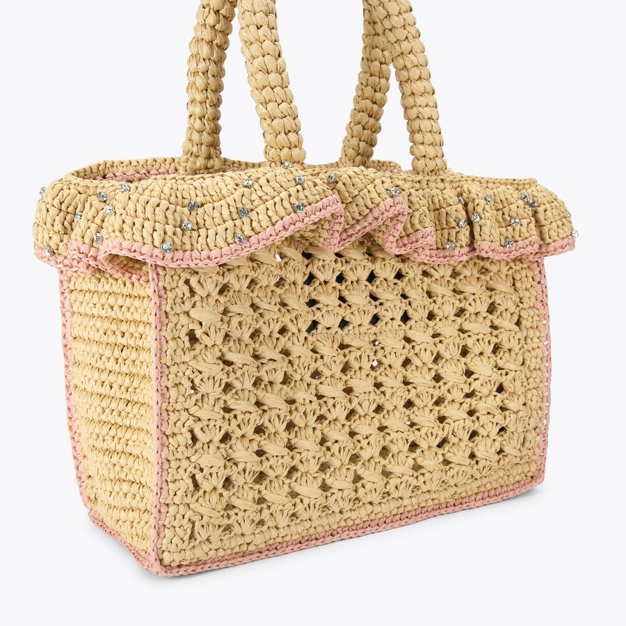 H7403-n2◾️シャネル　クローバーモチーフ付シースルーミュール CHELSEA RUFFLE TOTE Beige Raffia Tote Bag by Kurt Geiger London