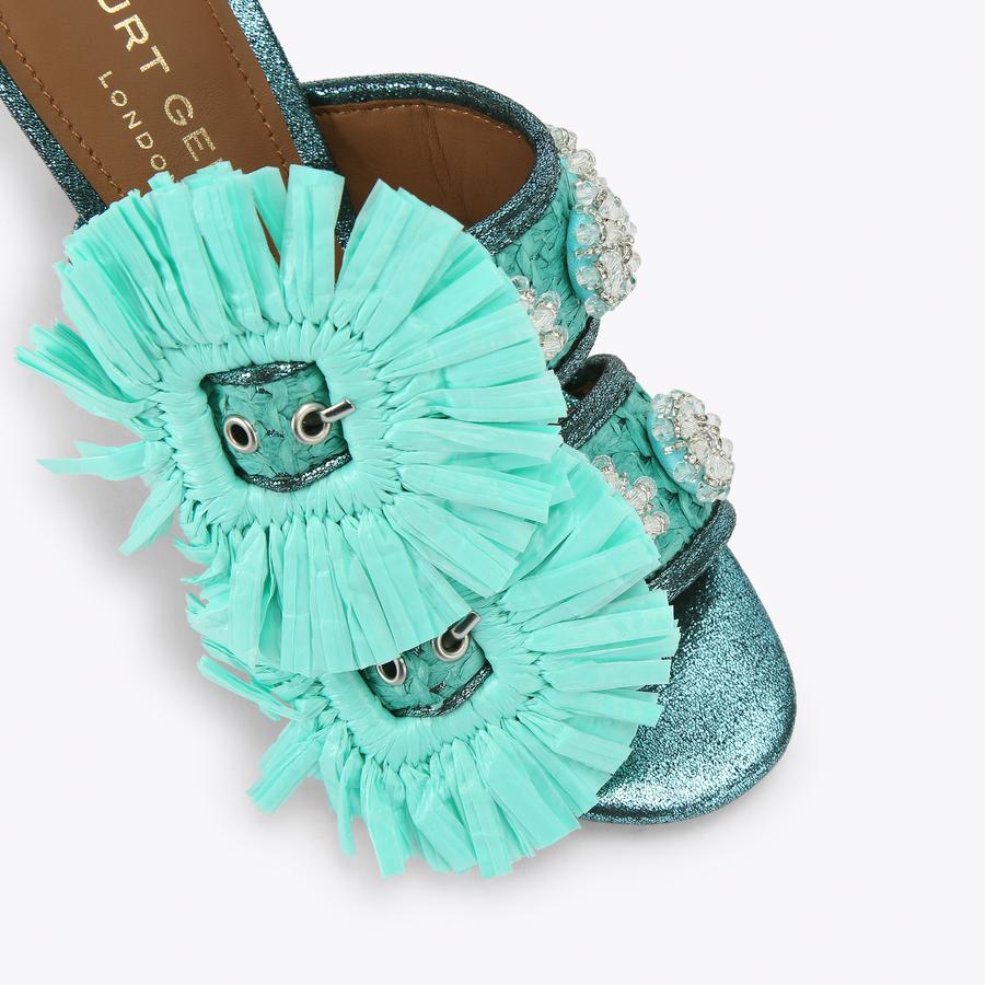 RAFFIA BUCKLE SANDAL Blue Fabric Raffia Buckle Heel by Kurt Geiger
