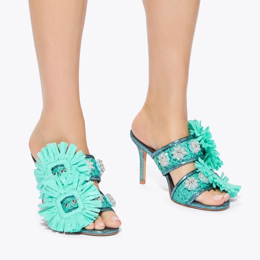 RAFFIA BUCKLE SANDAL Blue Fabric Raffia Buckle Heel by Kurt Geiger