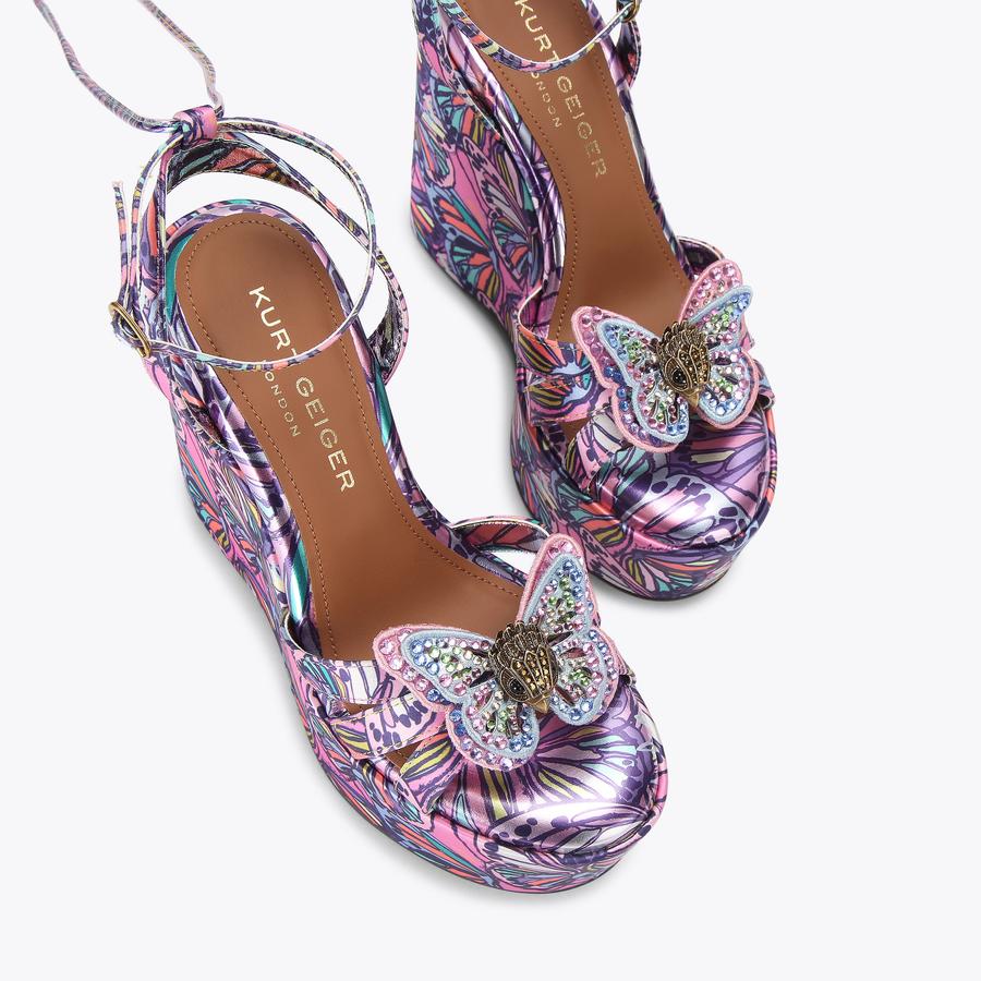 BUTTERFLY ANKLE TIE WEDGE Lilac Butterfly Printed Wedge Heel by