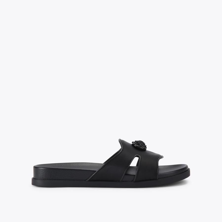 CHELSEA CUT OUT SLIDE Black Satin Slip On Sandal by Kurt Geiger London