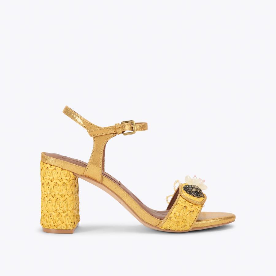 KENSINGTON LANGLEY REFFIA Yellow Raffia Block Heel by Kurt Geiger