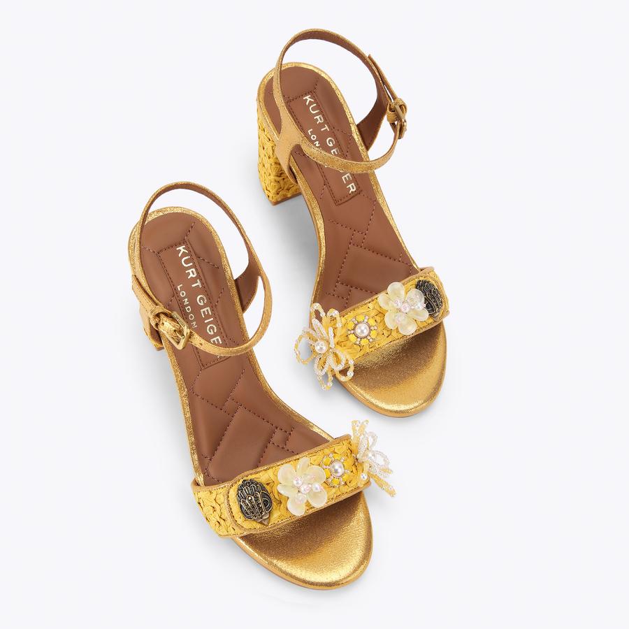 KENSINGTON LANGLEY REFFIA Yellow Raffia Block Heel by Kurt Geiger