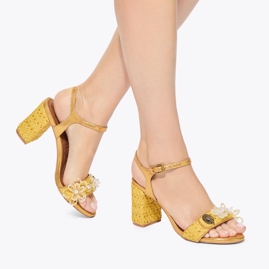 KENSINGTON LANGLEY REFFIA Yellow Raffia Block Heel by Kurt Geiger