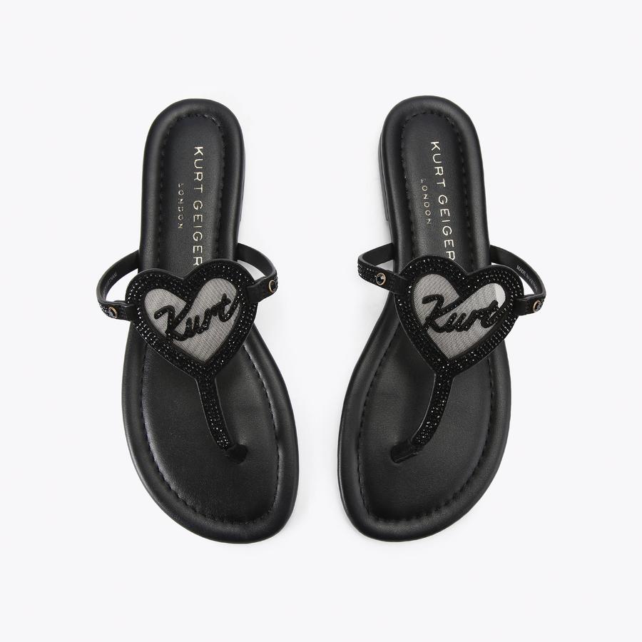 KURT HEART T BAR FLAT Black Suede Flat Sandal by Kurt Geiger London