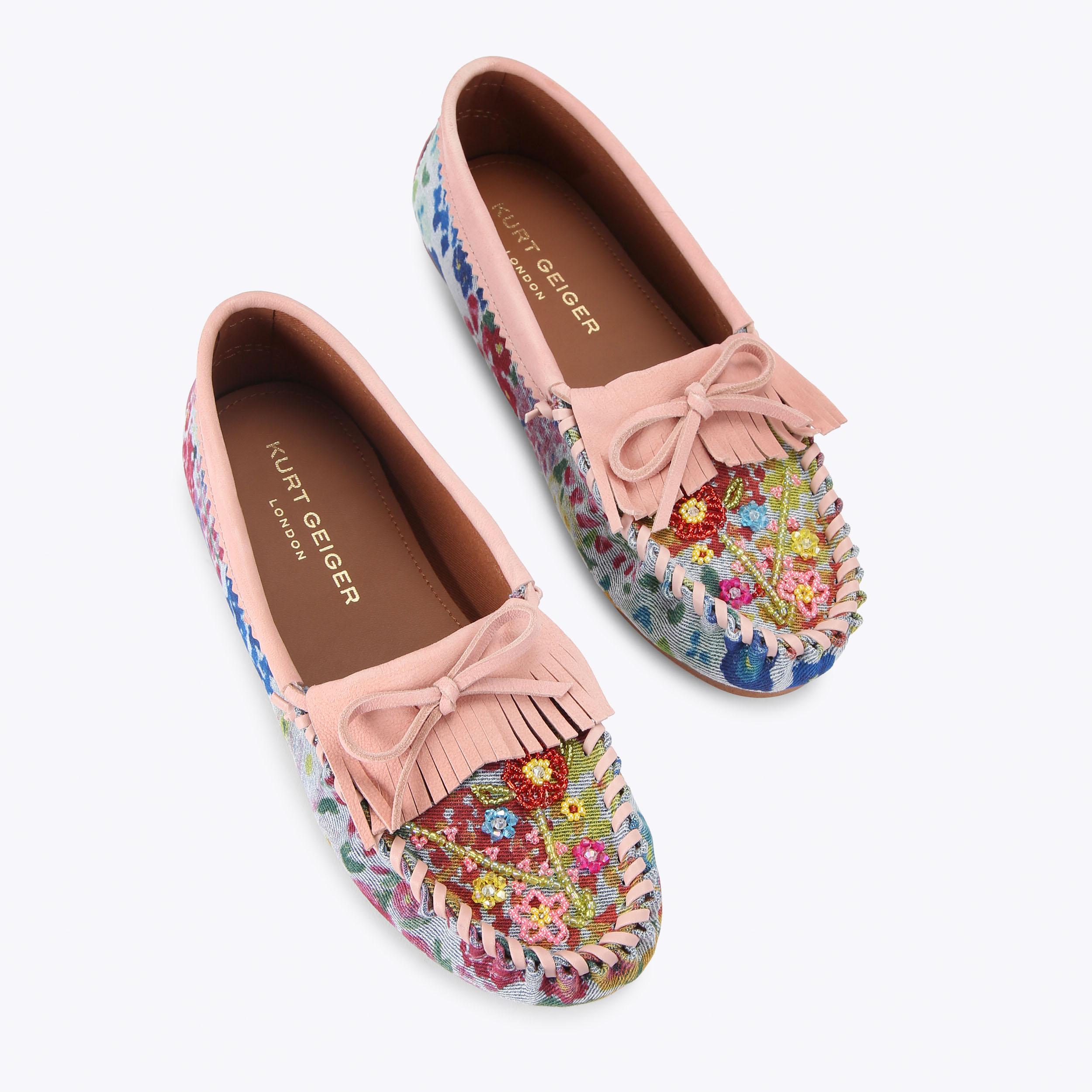 BEADED MOCCASIN Denim Floral Slip On Loafer by Kurt Geiger London