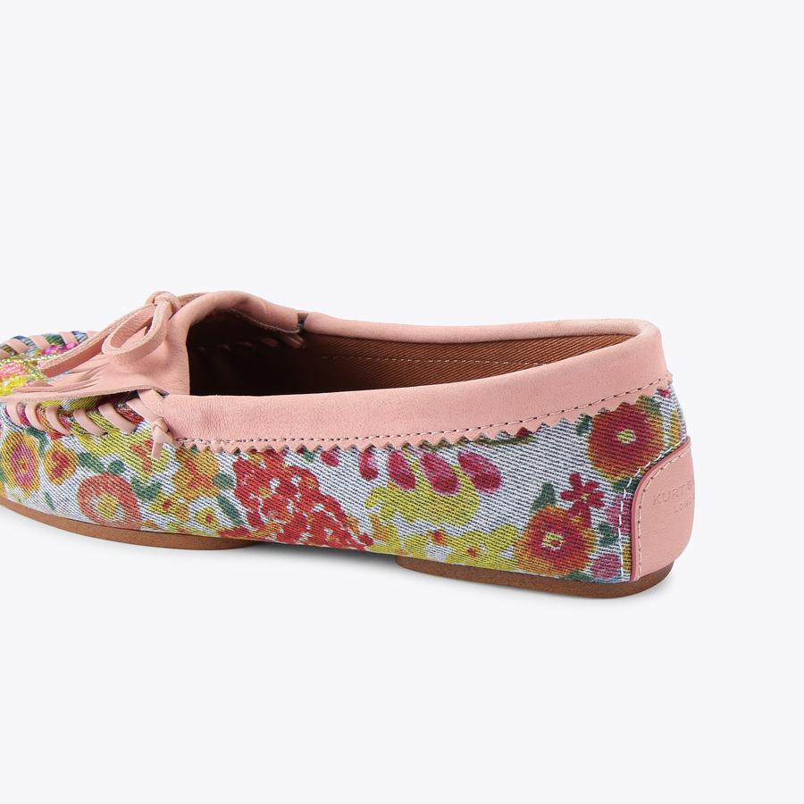 BEADED MOCCASIN Denim Floral Slip On Loafer by Kurt Geiger London