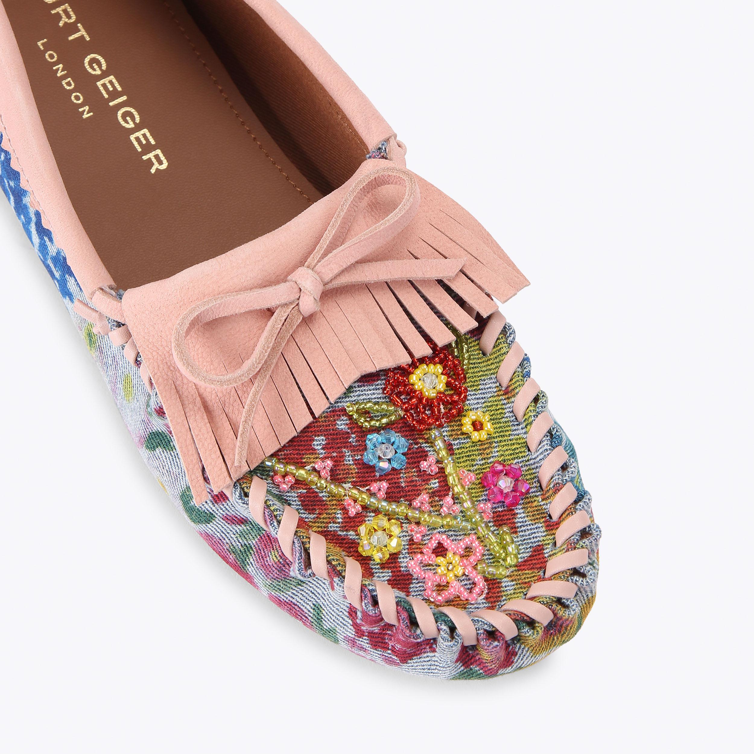 BEADED MOCCASIN Denim Floral Slip On Loafer by Kurt Geiger London