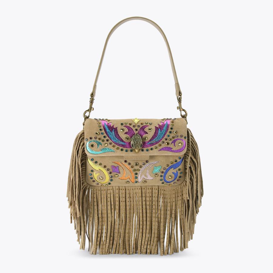 GLASTO FRINGE SHOULDER Camel Suede Shoulder Bag by Kurt Geiger London