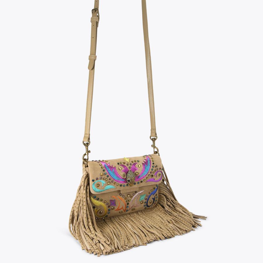 GLASTO FRINGE SHOULDER Camel Suede Shoulder Bag by Kurt Geiger London