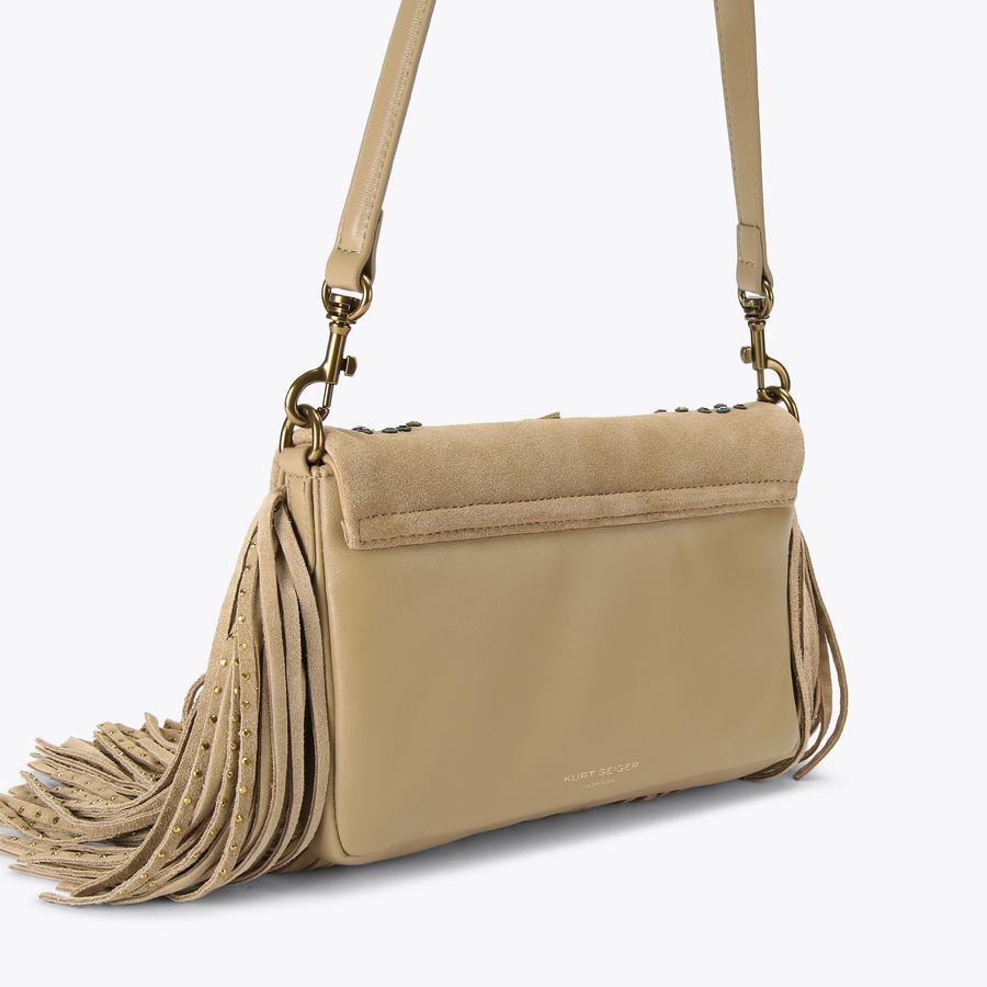 GLASTO FRINGE SHOULDER Camel Suede Shoulder Bag by Kurt Geiger London