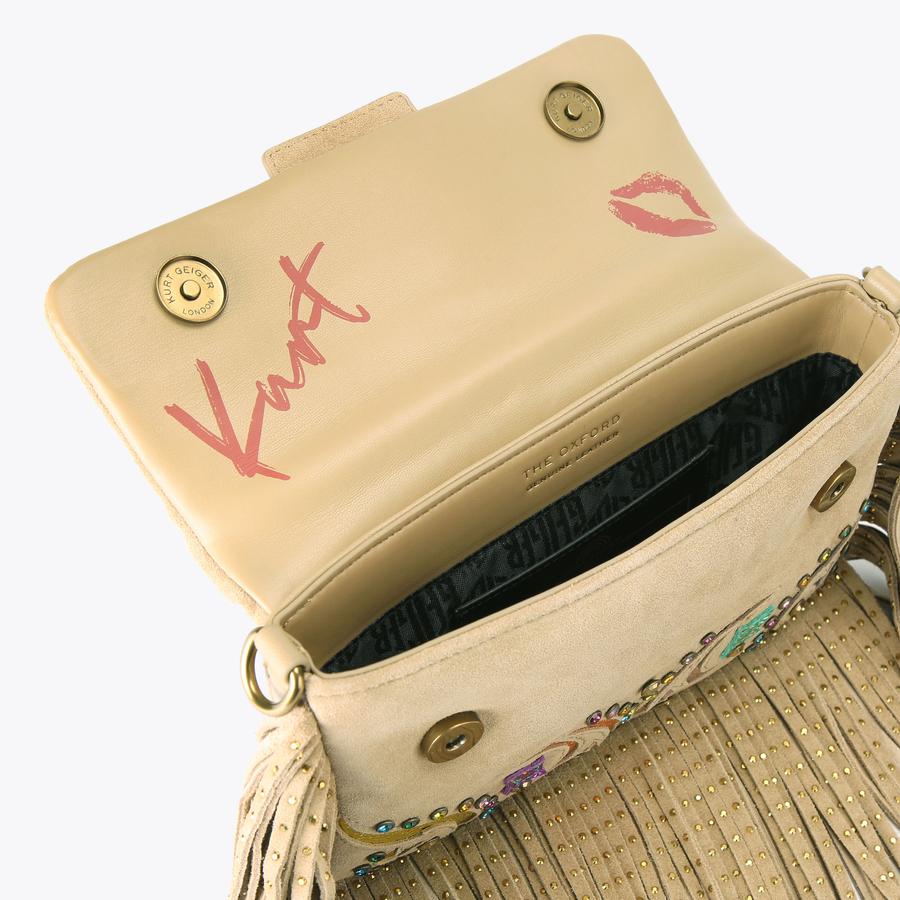 GLASTO FRINGE SHOULDER Camel Suede Shoulder Bag by Kurt Geiger London