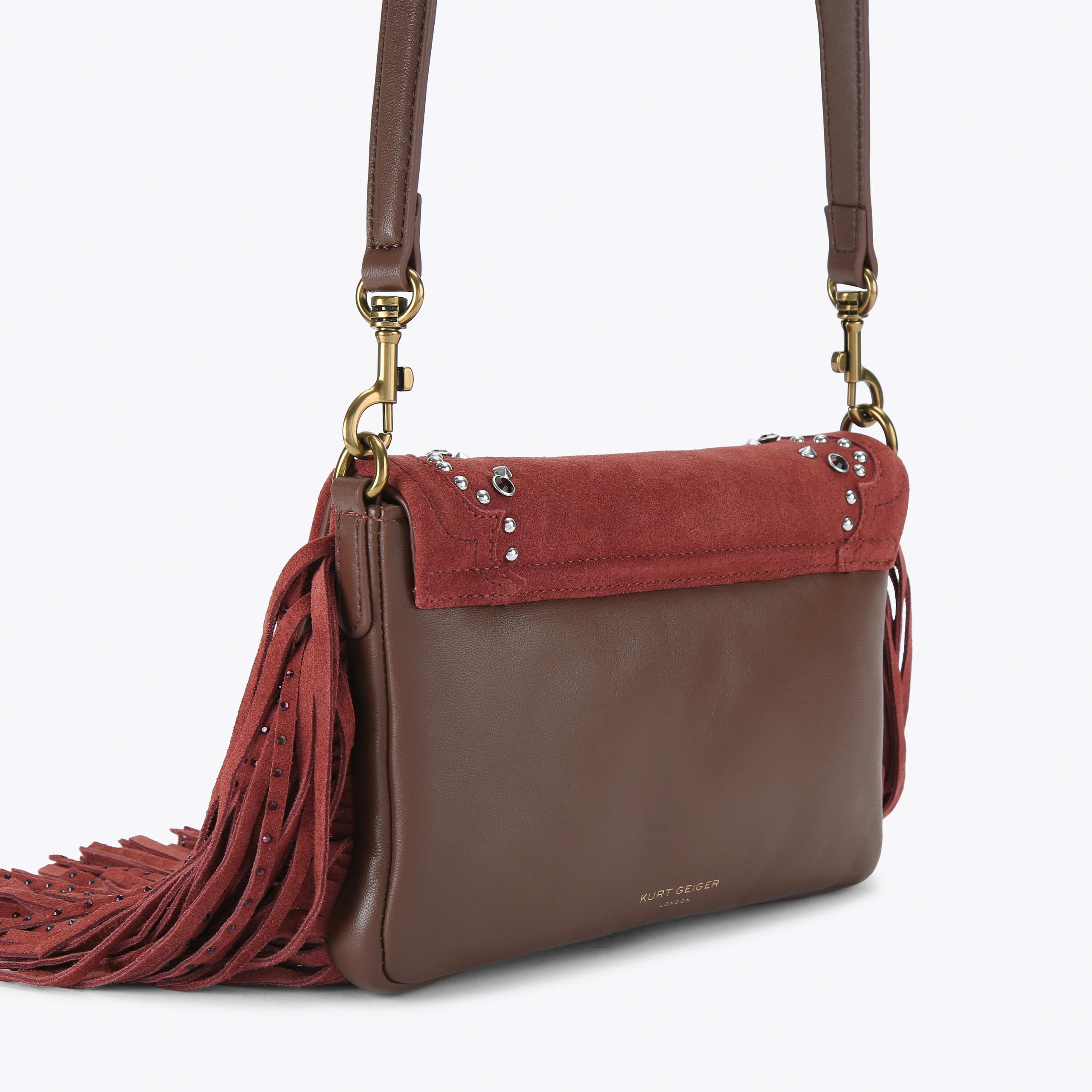 GLASTO FRINGE SHOULDER Wine Suede Shoulder Bag by Kurt Geiger London