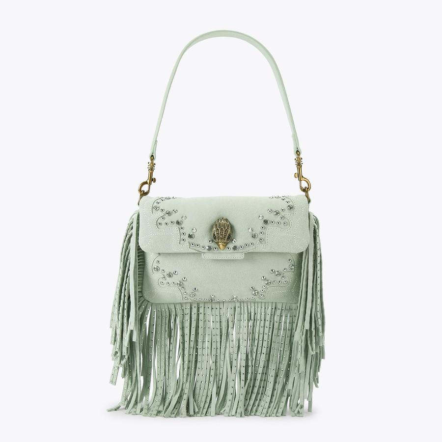 GLASTO FRINGE SHOULDER Pale Green Suede Shoulder Bag by Kurt