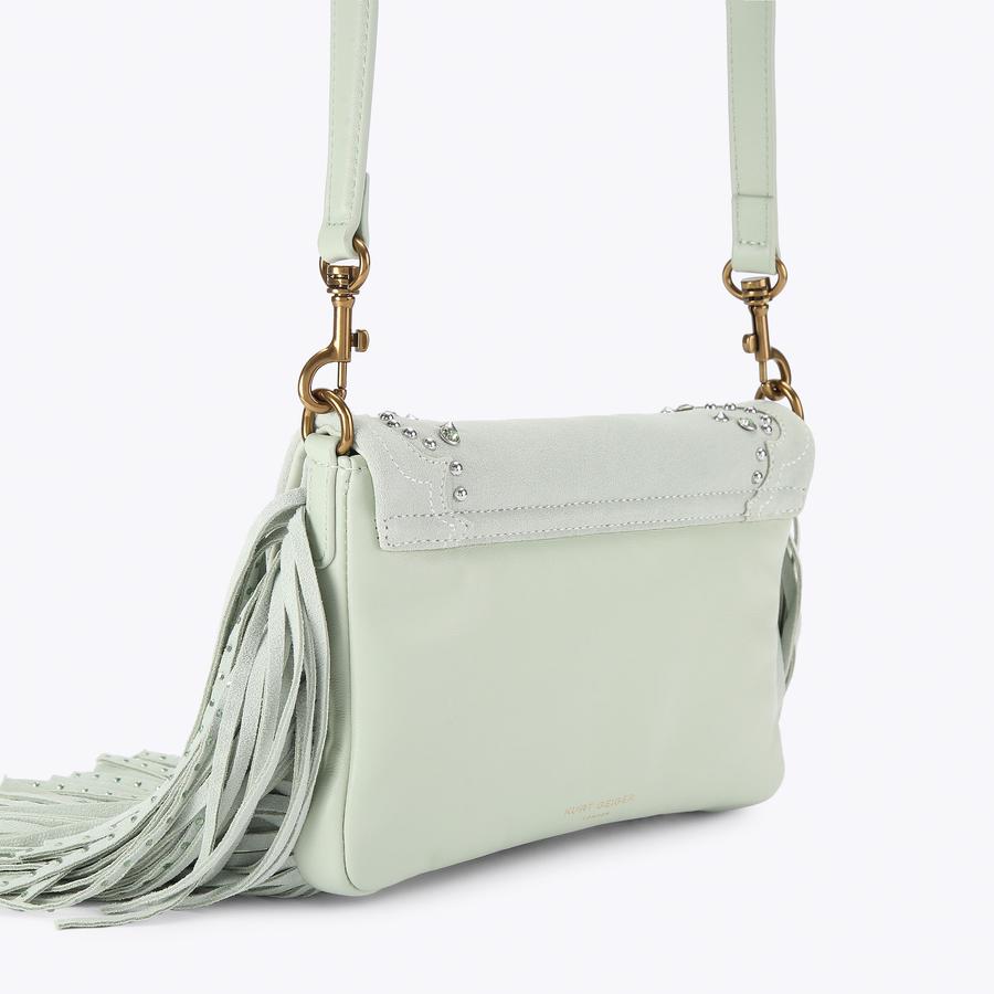 GLASTO FRINGE SHOULDER Pale Green Suede Shoulder Bag by Kurt