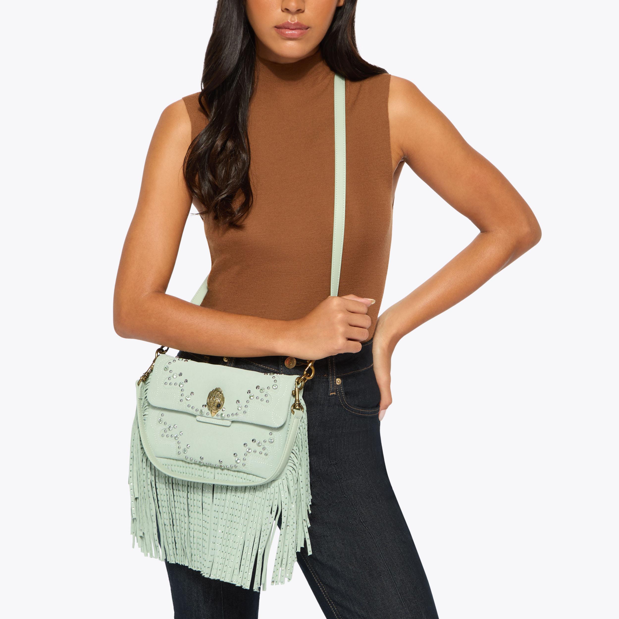GLASTO FRINGE SHOULDER Pale Green Suede Shoulder Bag by Kurt