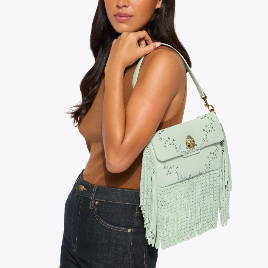 GLASTO FRINGE SHOULDER Pale Green Suede Shoulder Bag by Kurt