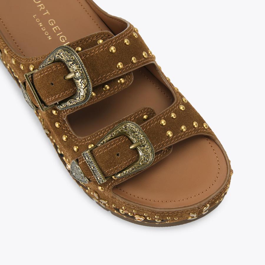WESTERN BUCKLE PLATFORM Brown Suede Buckle Platform Heel by Kurt