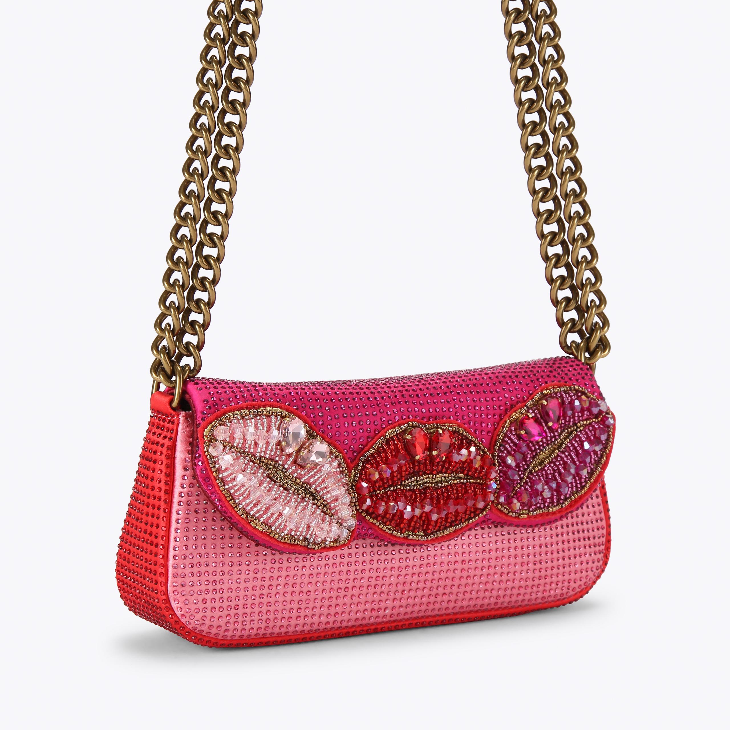 PICKLE SHOULDER KISS Pink Satin Crystal Shoulder Bag by Kurt