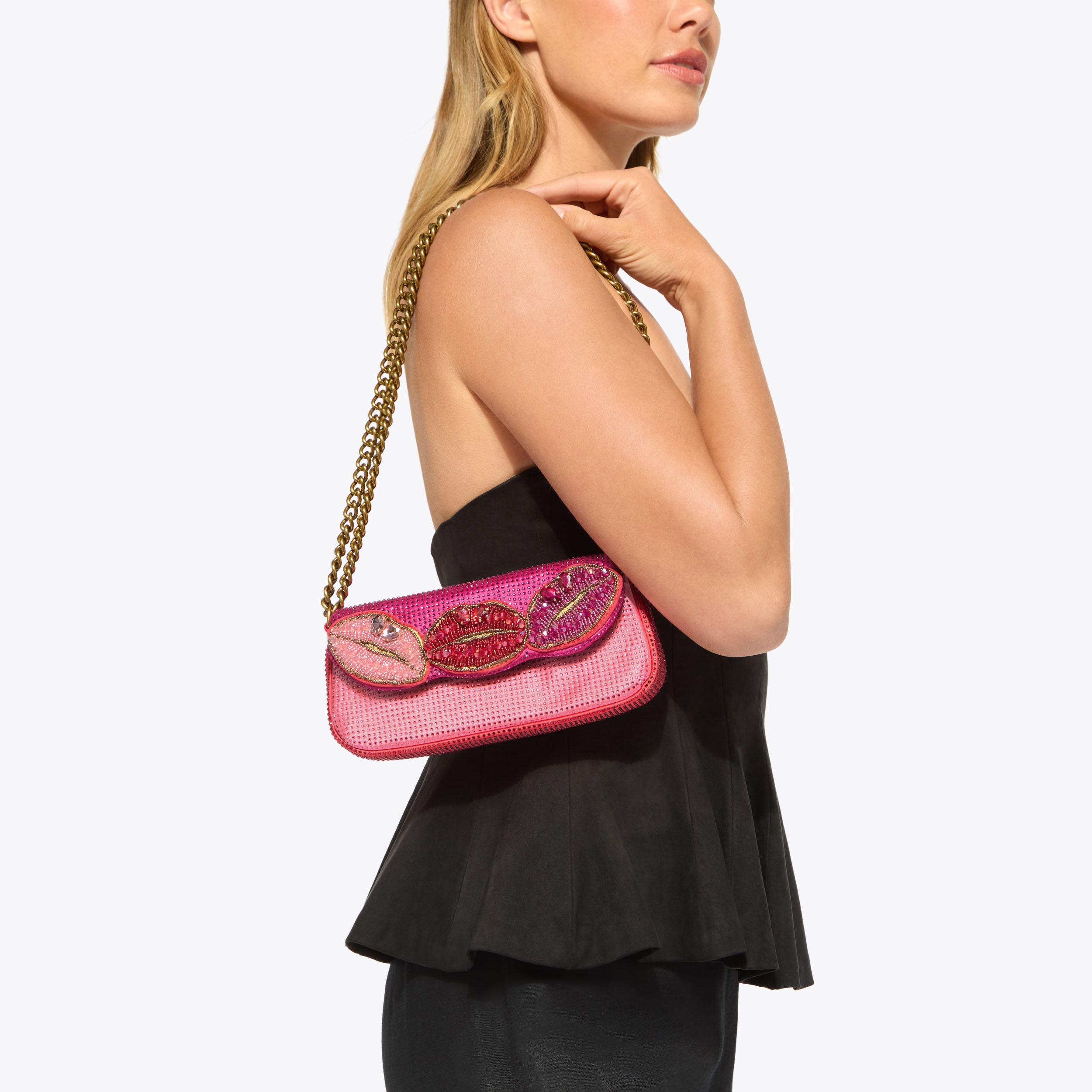 PICKLE SHOULDER KISS Pink Satin Crystal Shoulder Bag by Kurt
