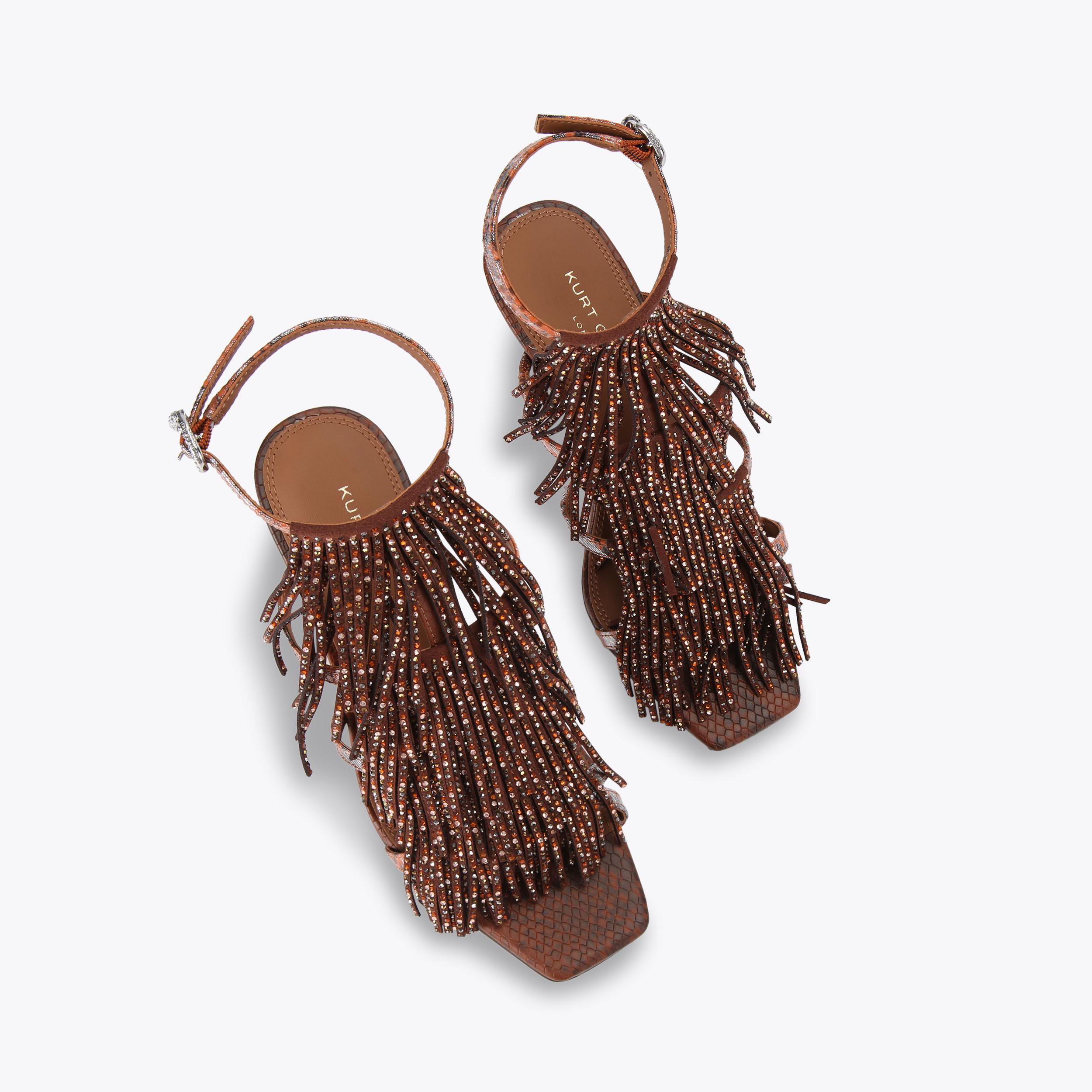 FRINGE SANDAL 90 Dark Brown Fabric Tassel Heel by Kurt Geiger London
