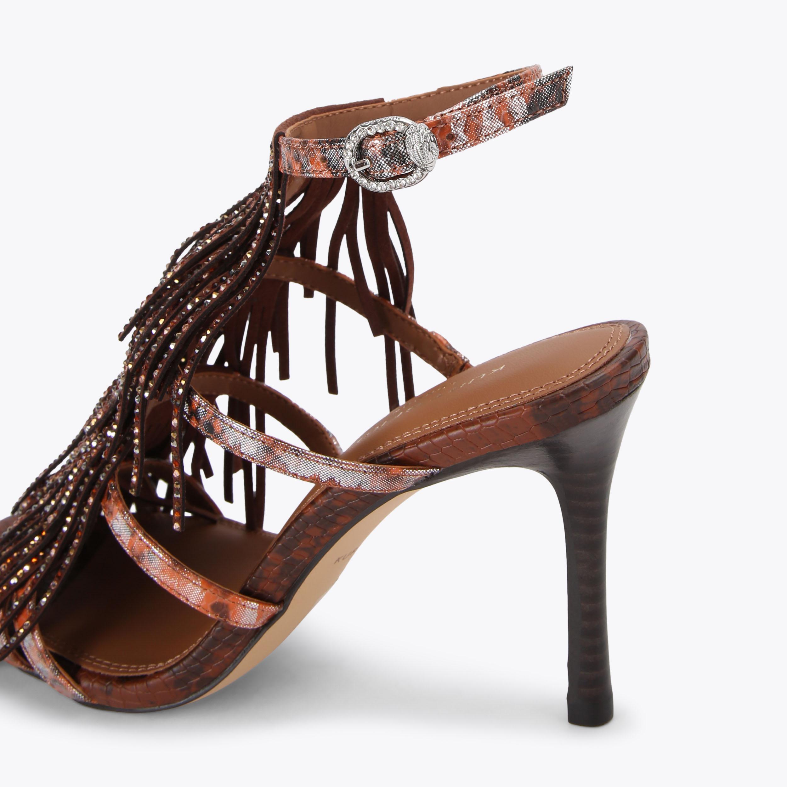 FRINGE SANDAL 90 Dark Brown Fabric Tassel Heel by Kurt Geiger London