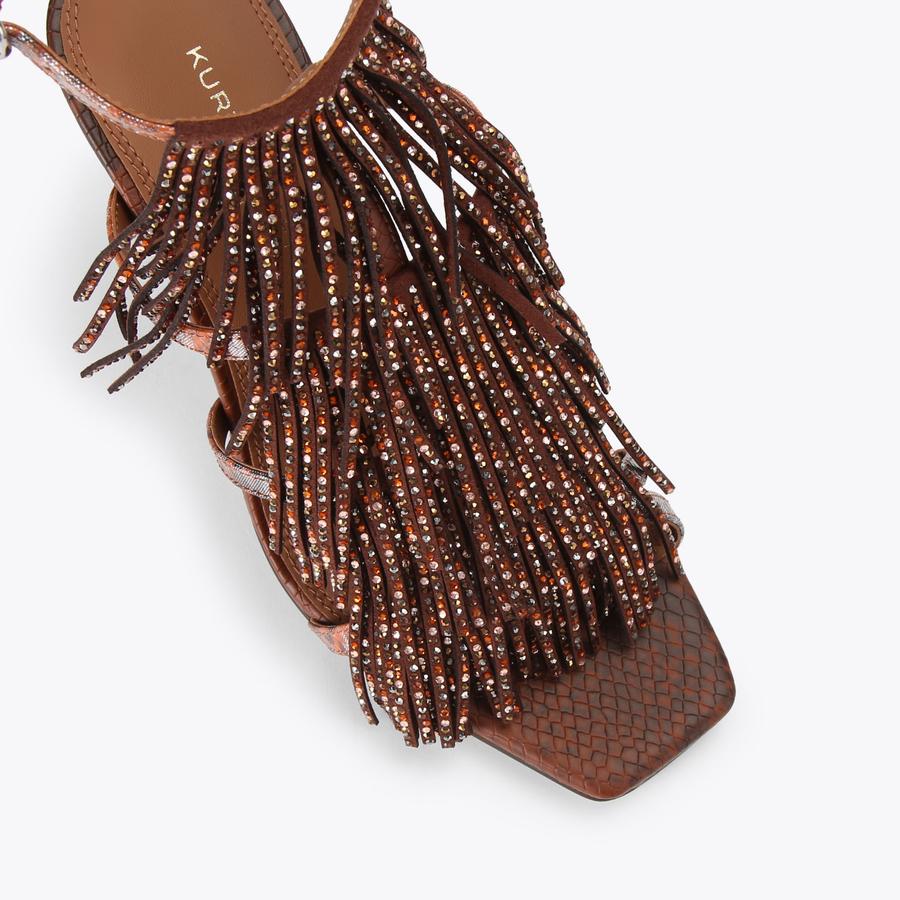 FRINGE SANDAL 90 Dark Brown Fabric Tassel Heel by Kurt Geiger London