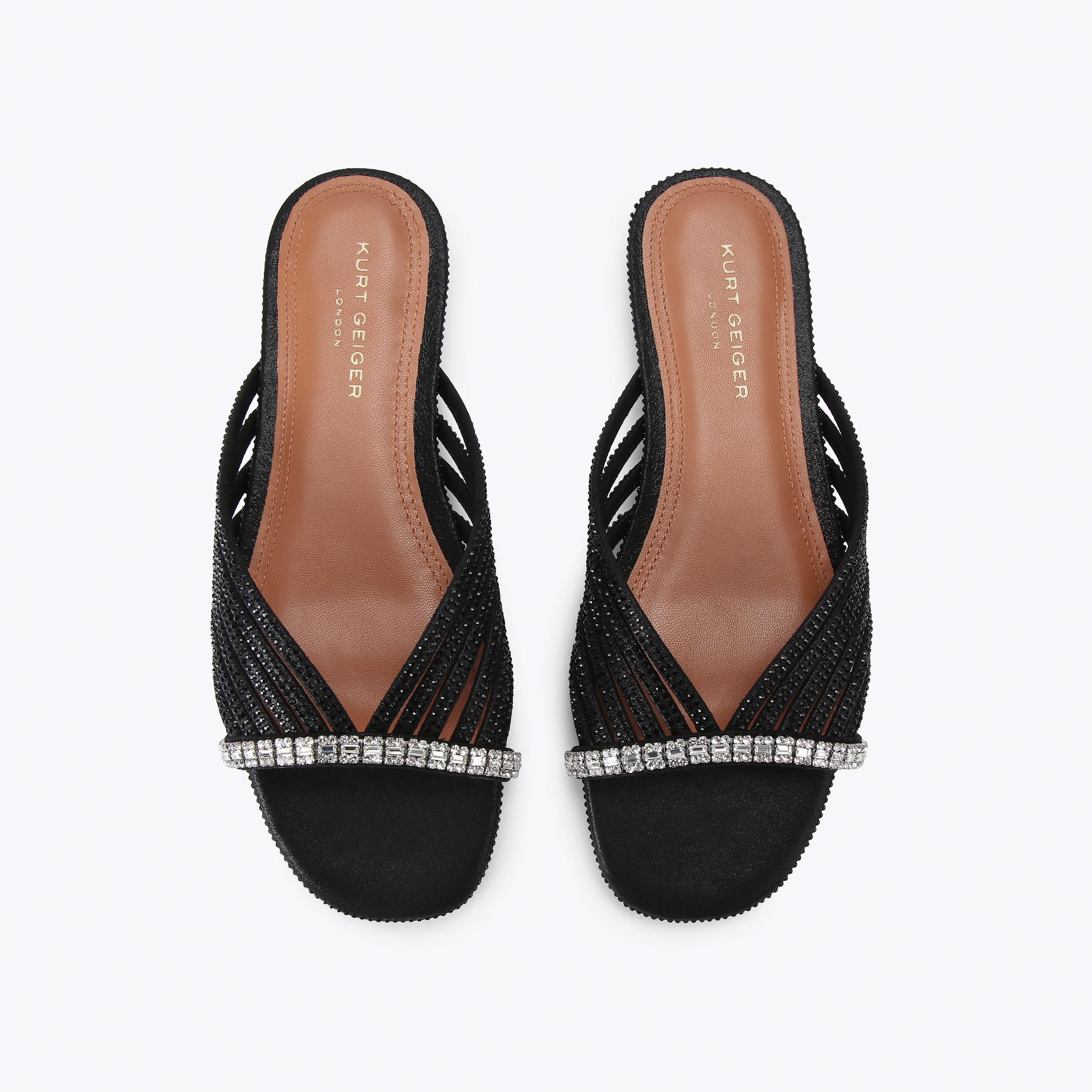 CRYSTAL STRAP FLAT MULE Black Crystal Slip On Sandal by Kurt