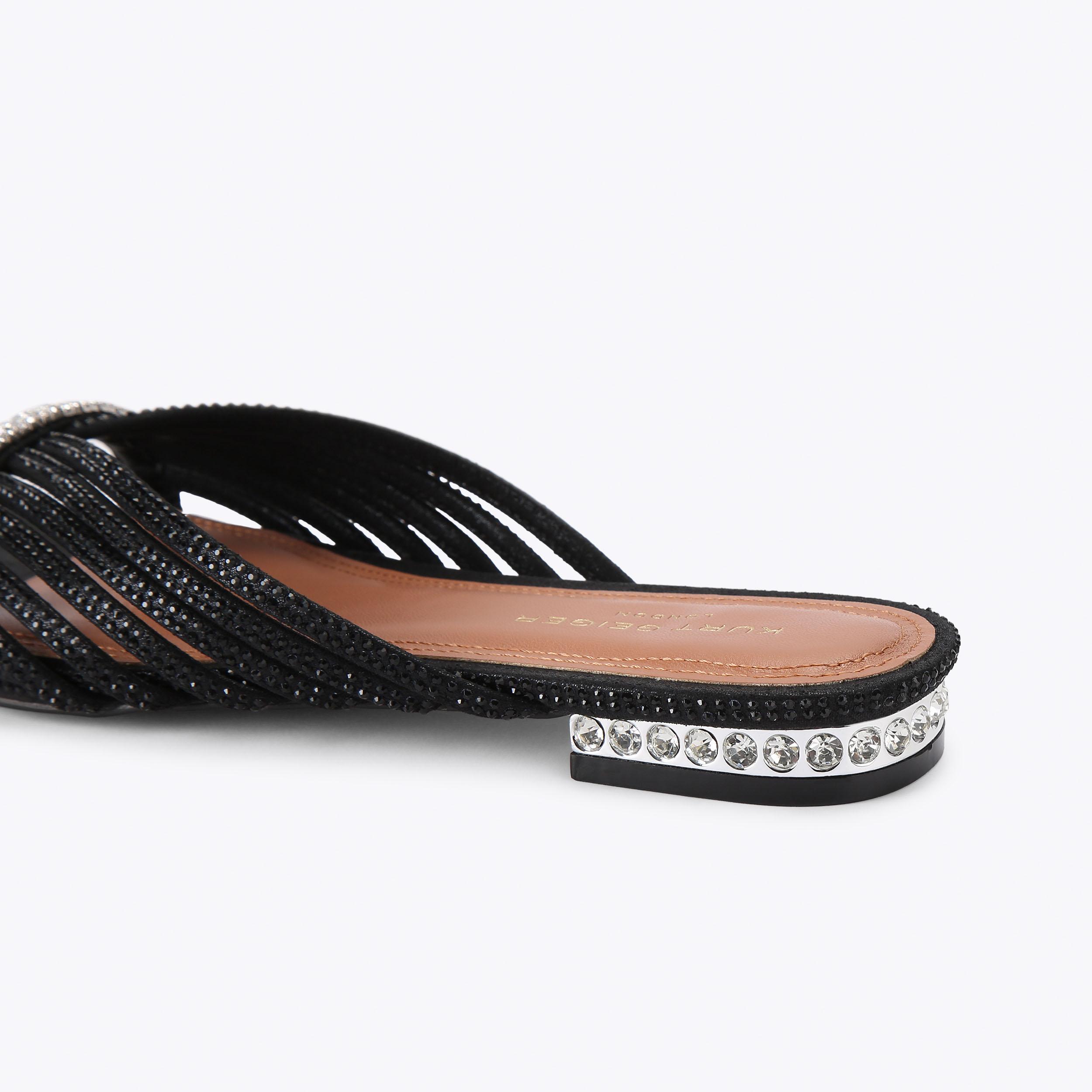 CRYSTAL STRAP FLAT MULE Black Crystal Slip On Sandal by Kurt