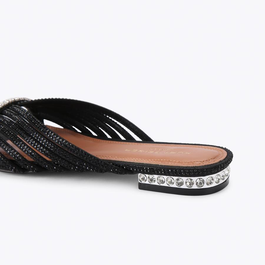CRYSTAL STRAP FLAT MULE Black Crystal Slip On Sandal by Kurt