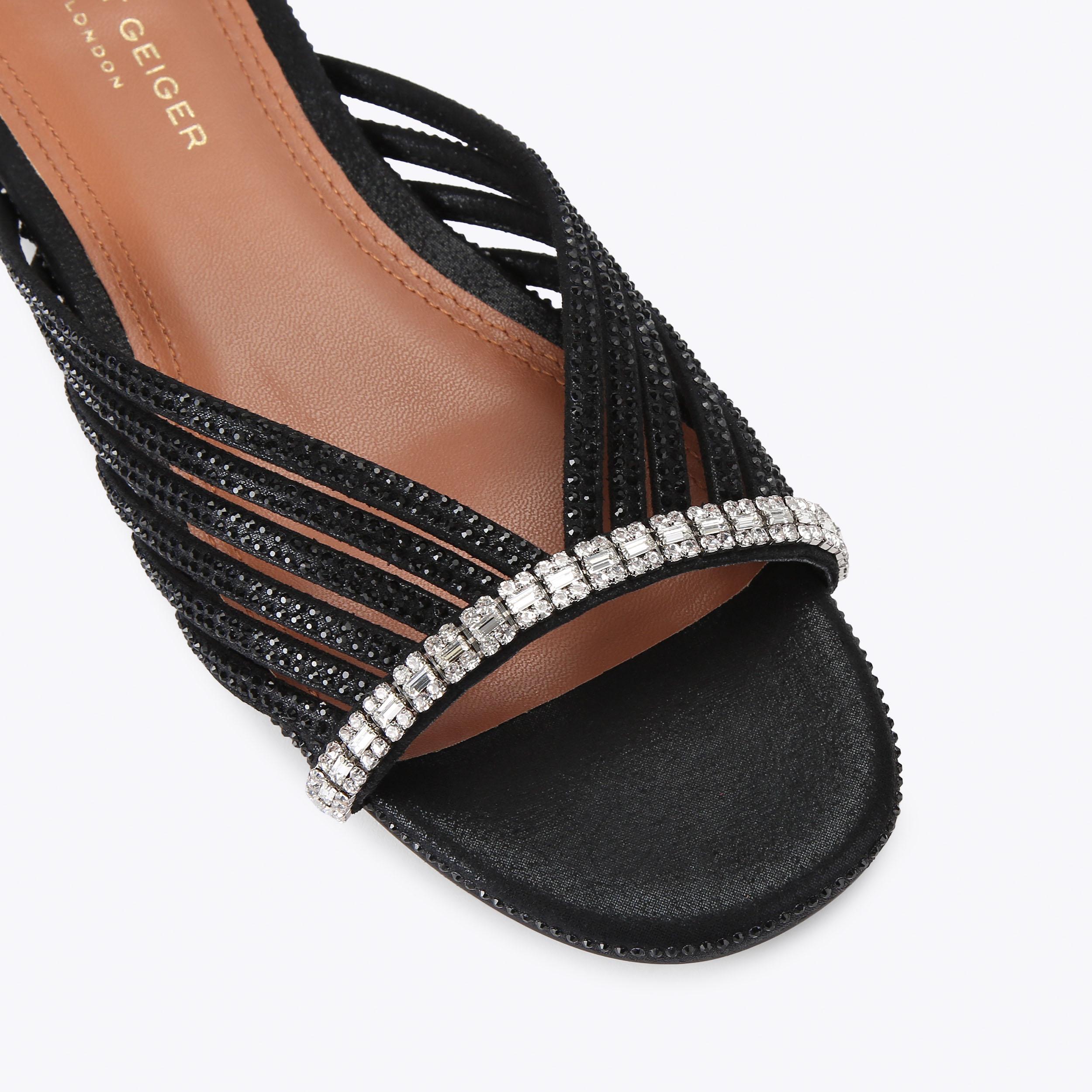 CRYSTAL STRAP FLAT MULE Black Crystal Slip On Sandal by Kurt