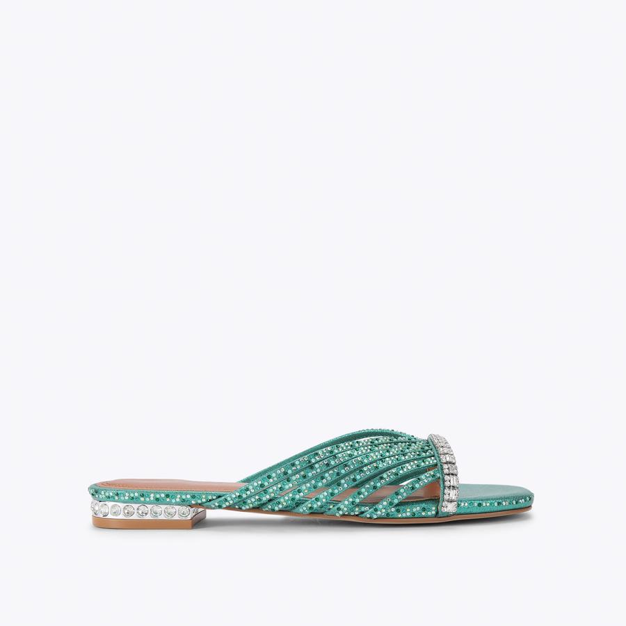 CRYSTAL STRAP FLAT MULE Green Sparkly Fabric Sandal by Kurt Geiger