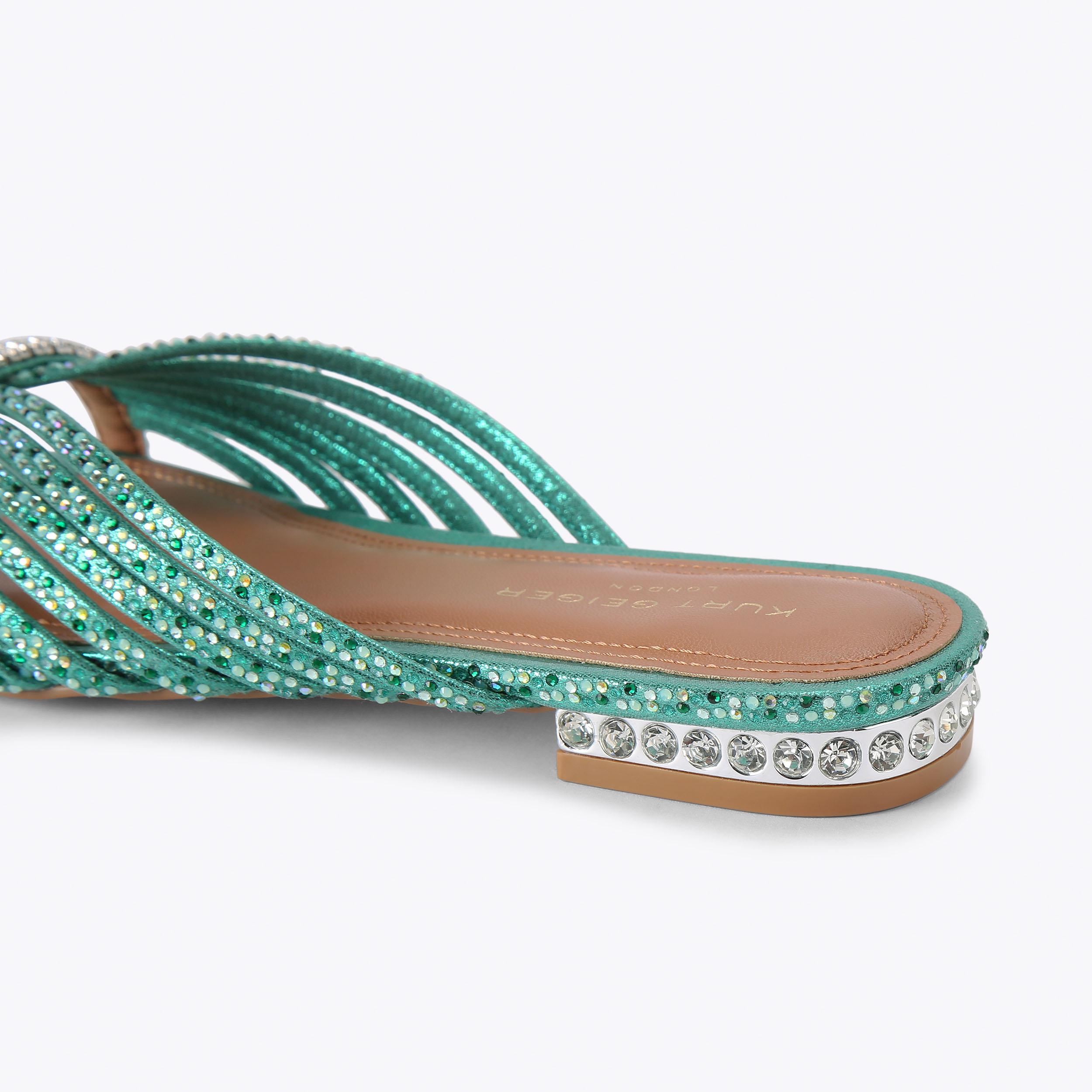 CRYSTAL STRAP FLAT MULE Green Sparkly Fabric Sandal by Kurt Geiger