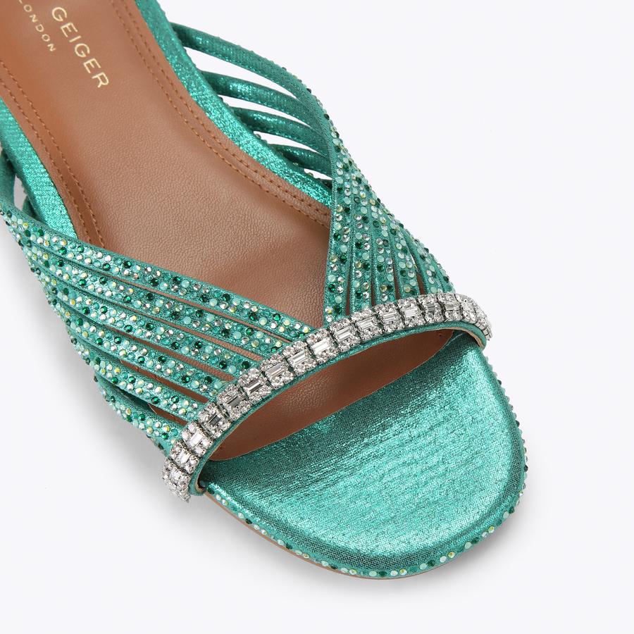 CRYSTAL STRAP FLAT MULE Green Sparkly Fabric Sandal by Kurt Geiger