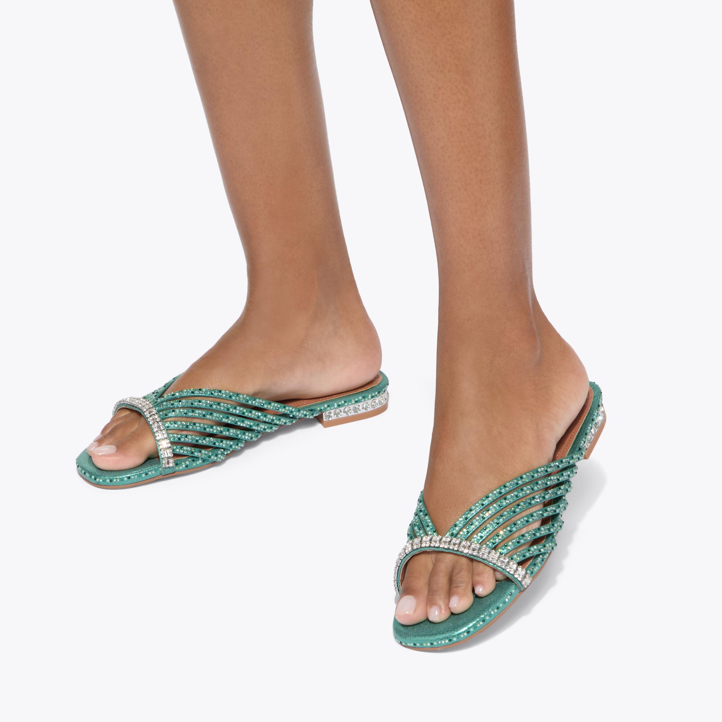 CRYSTAL STRAP FLAT MULE Green Sparkly Fabric Sandal by Kurt Geiger