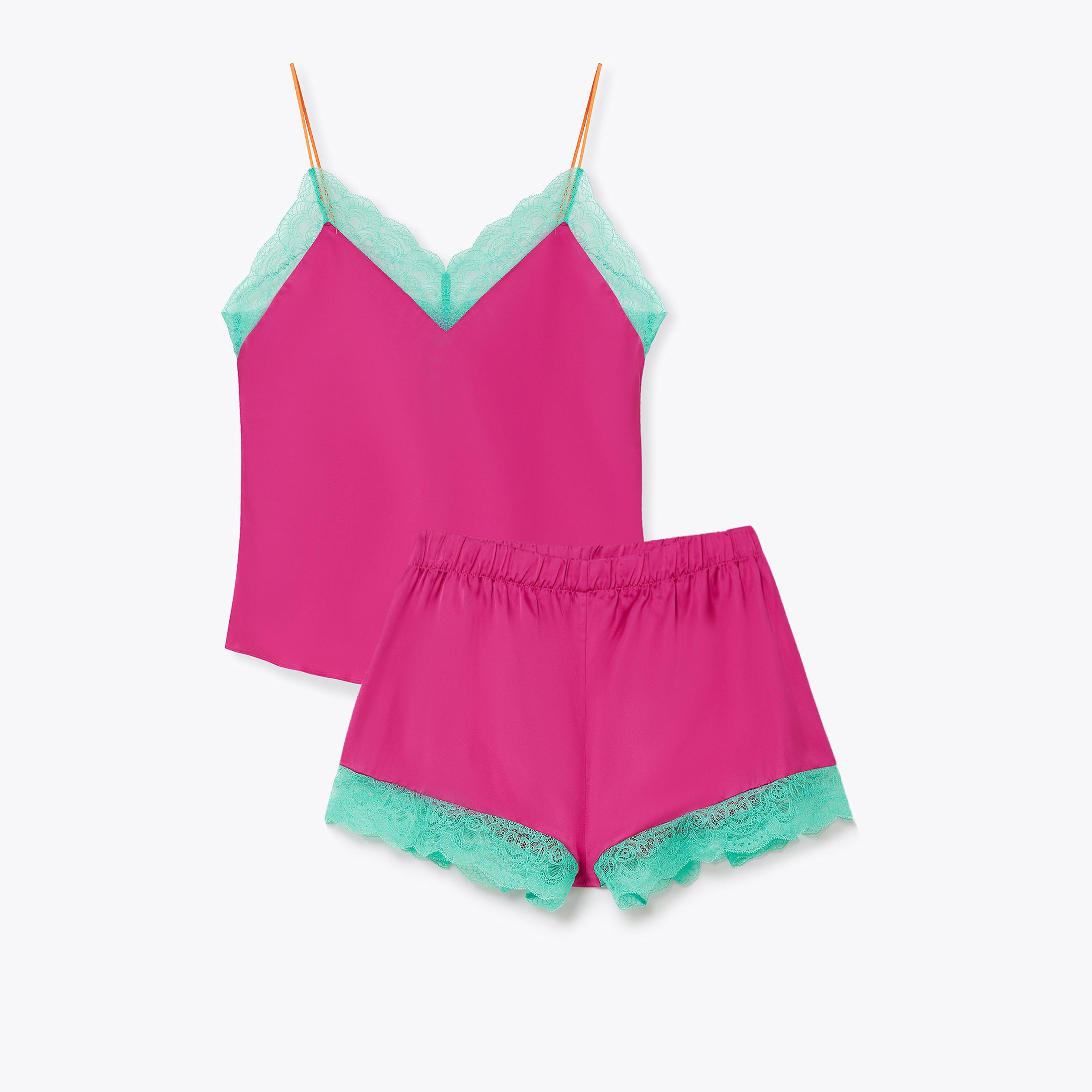 CAMI AND SHORTS SET Fuchsia Green Trim Pyjama Set by Kurt Geiger