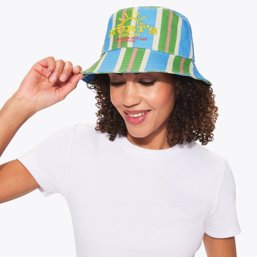 KC EMBROIDERED BUCKET HAT Striped Canvas Fabric Cap by Kurt Geiger
