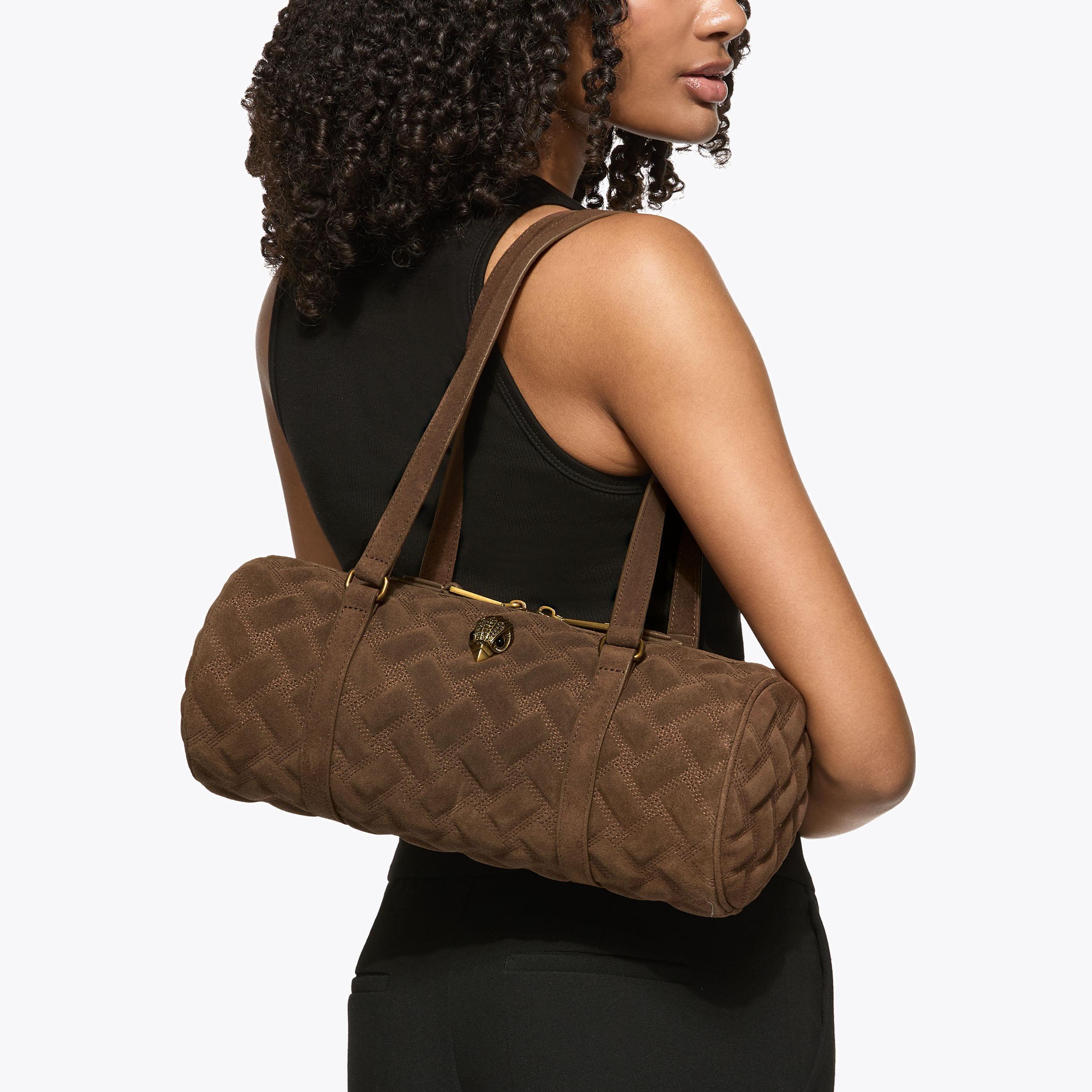 KENSINGTON BARREL Brown Suede Shoulder Bag by Kurt Geiger London
