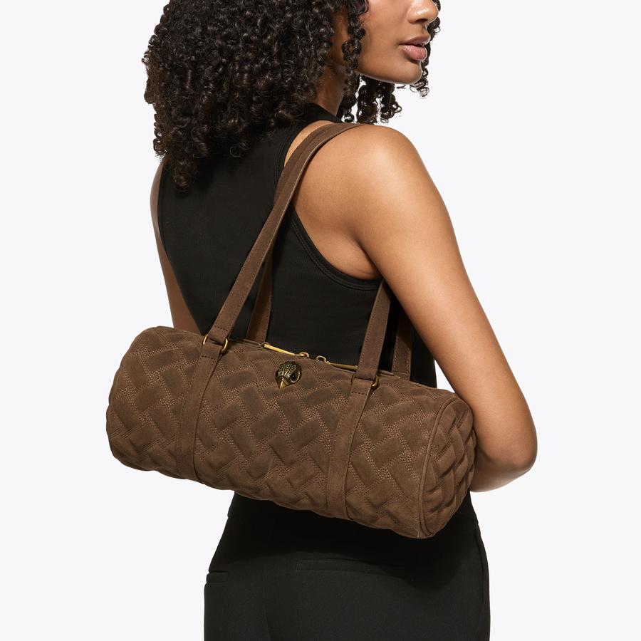 KENSINGTON BARREL Brown Suede Shoulder Bag by Kurt Geiger London