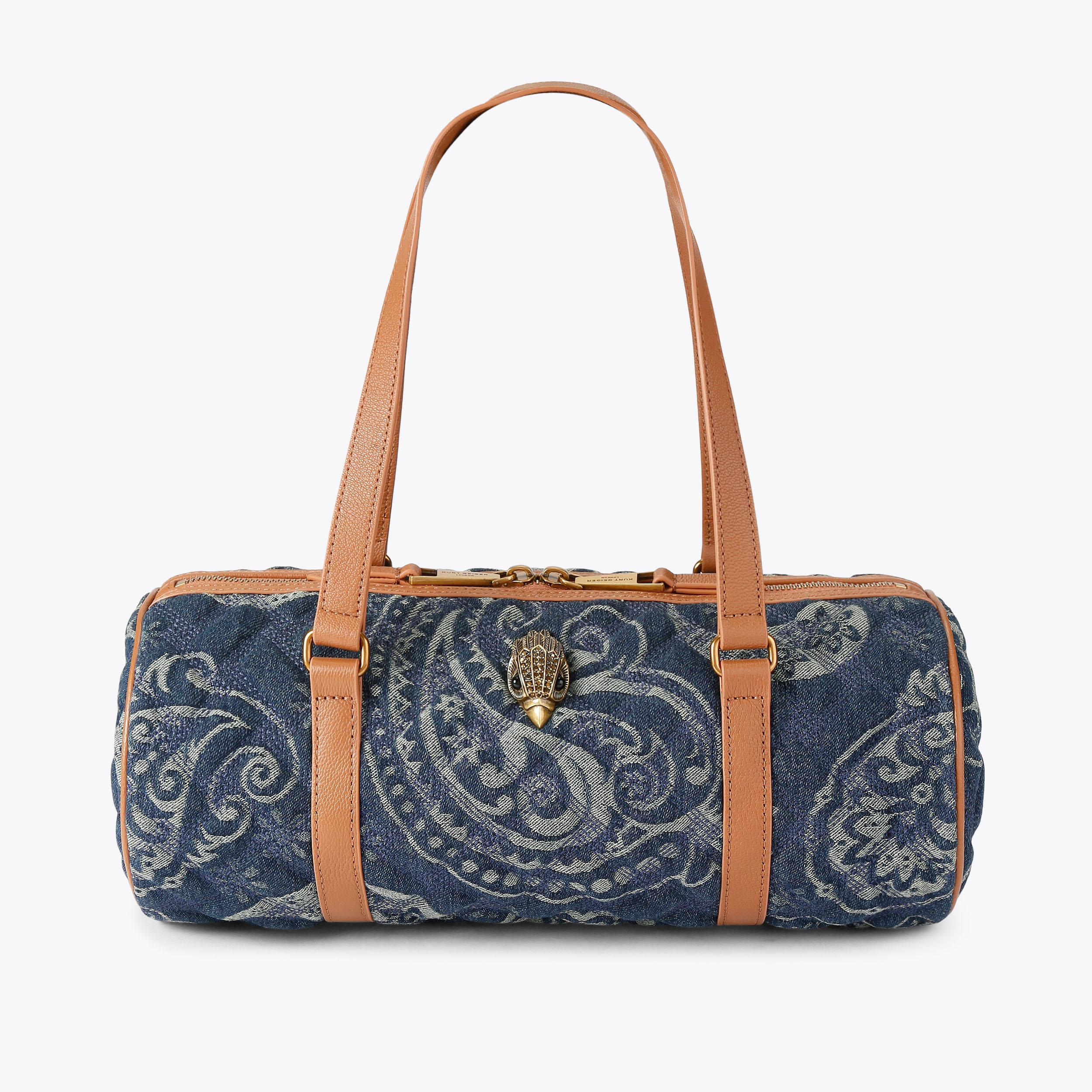 KENSINGTON BARREL Blue Denim Paisley Barrel Bag by Kurt Geiger London
